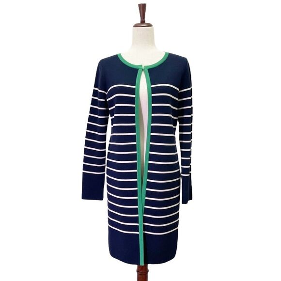 Pendleton Longline Striped Silk Open Front Cardigan Navy & White Women’s Size XS - Picture 1 of 12